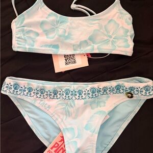 Pink palm puff Bikini with Embroidered Waistband